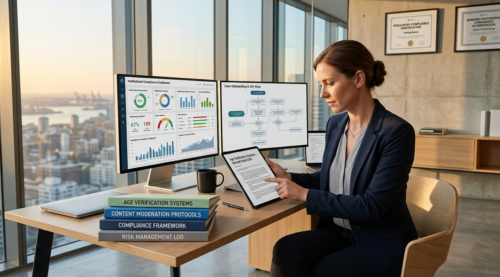 A woman in business attire sits at a desk with stacked binders