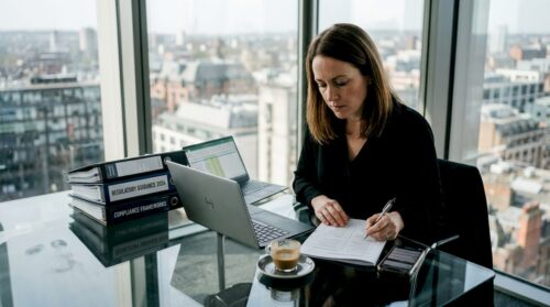 Compliance officer checking crypto regulations