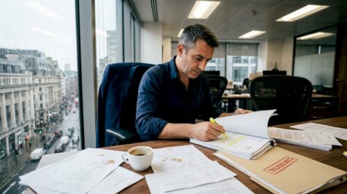 Businessman reviewing offshore documents at city desk