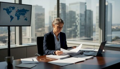 Compliance manager reviewing high-risk banking documents