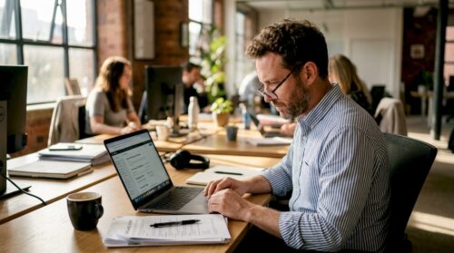 Businessman reviewing high-risk payment documents