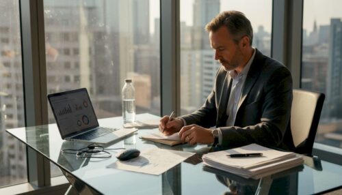 Business owner reviewing payment documents at desk