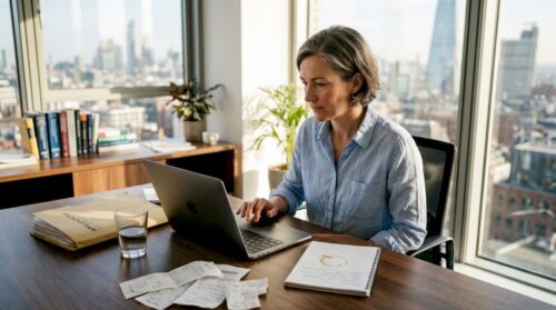 Business owner reviewing payment processor documents