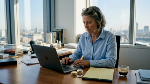 Business owner reviews crypto payments in office