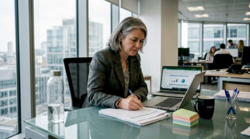 Compliance manager reviewing banking documents