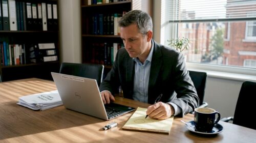 Lawyer reviews iGaming regulatory reports at desk