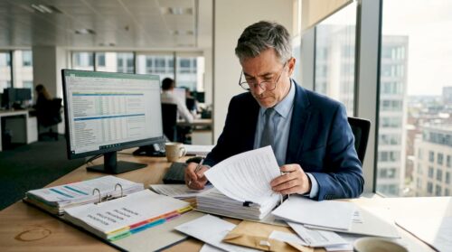 Compliance officer reviewing bank documents at desk
