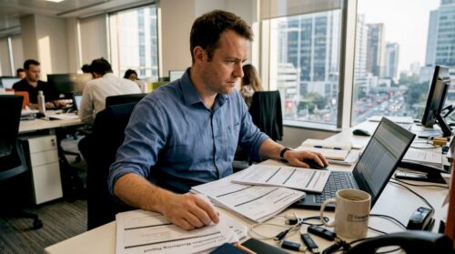 Compliance officer reviews crypto banking paperwork