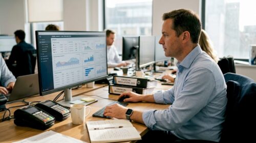 Fintech specialist reviewing igaming payment dashboard