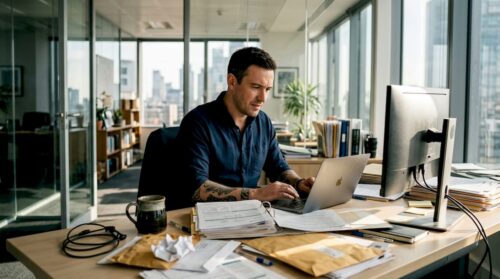 Man uploading banking documents at cluttered desk