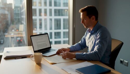 Business owner reading bank rejection email at desk