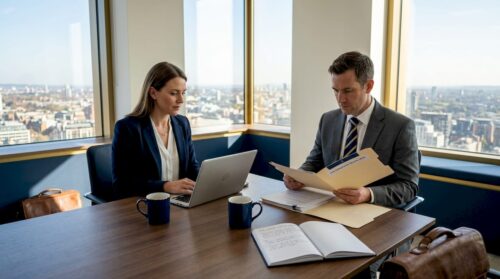 Banking professionals reviewing compliance documents