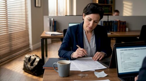 Consultant reviews documents in busy office