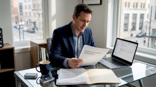 Business owner reviewing payment processing paperwork