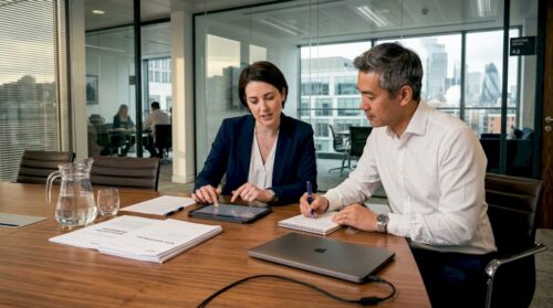 Finance professionals in office discussing compliance documents