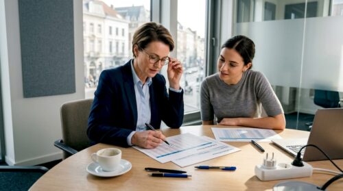 Team reviews compliance papers in EU office