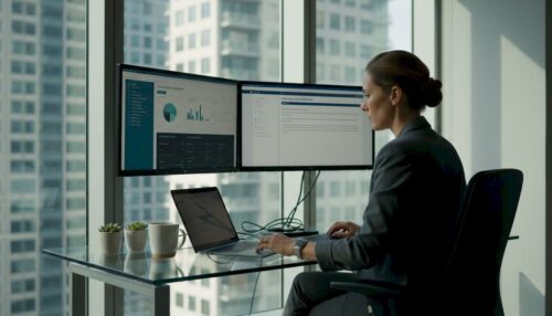 Businesswoman using crypto banking platform in office