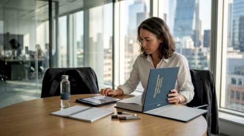 Compliance manager reviews documents in office