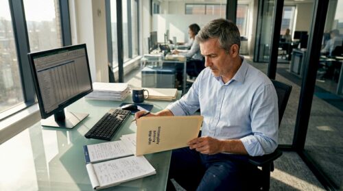 Compliance officer reviewing high-risk banking files