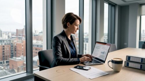 Woman reviewing EU banking application files