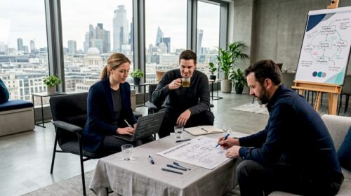 Bank IT staff collaborating on encryption project
