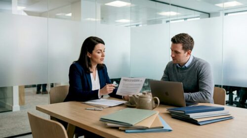Colleagues discussing banking licence documents