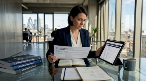 Compliance manager reviewing risk documents