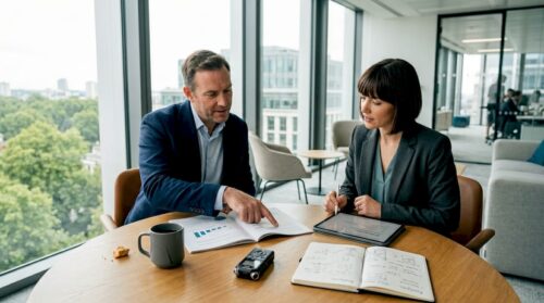 Executives discuss banking reports in corner office