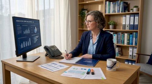 Business analyst reviewing gateway compliance in open office