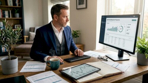 Businessman reviewing crypto payment reports in home office
