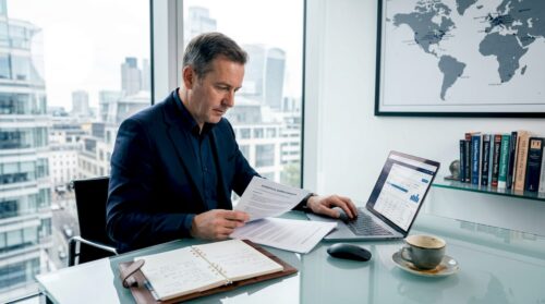 Businessman reviewing global banking documents in office