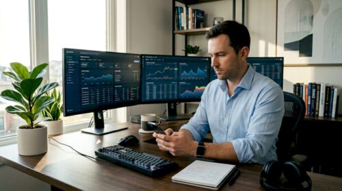Crypto risk analyst reviewing data in office