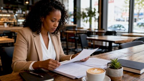 Woman reviewing EMI documents at desk