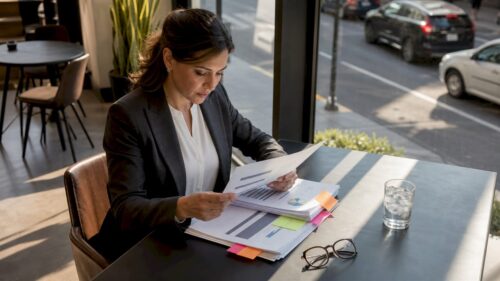 Risk analyst reviewing fintech risk documents