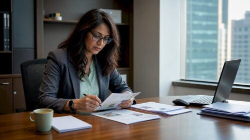 Woman reviewing KYC banking documents at desk