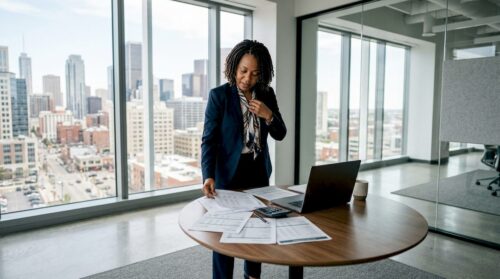 Bank officer reviewing lending risk documents