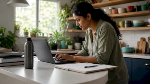 Woman working on crypto payment setup laptop