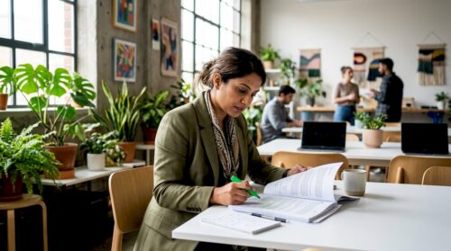 Professional woman reviewing crypto onboarding documents