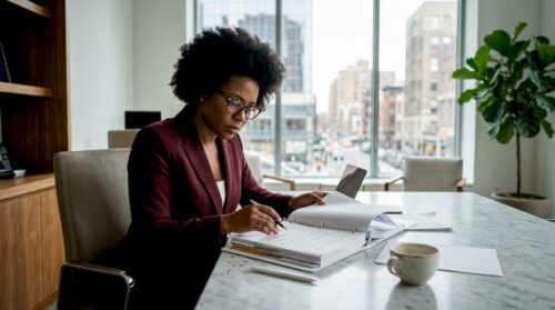 Businesswoman reviewing regulatory compliance documents